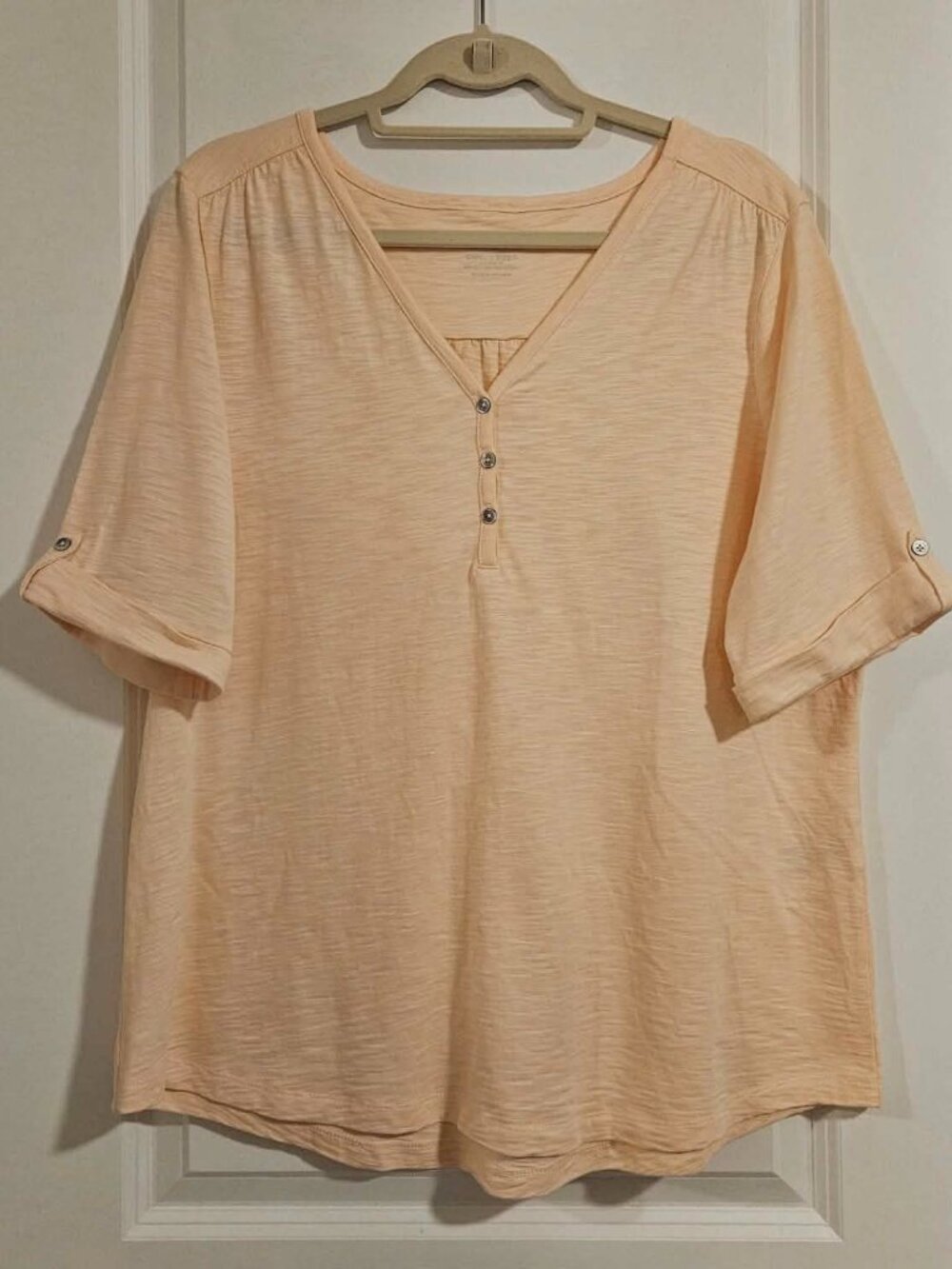 Chico’s Ultimate Tee Peach Slub Knit Top XL/Chico 3 Roll Tab Sleeve Lightweight